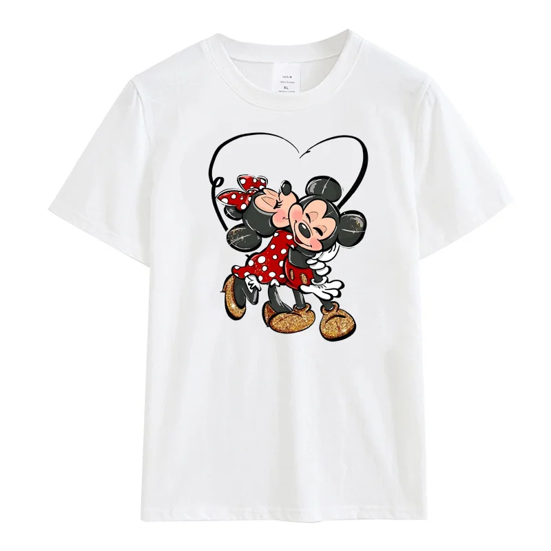 Camiseta estampada feminina de Mickey e Minnie Mouse, extragrande, algodão, manga curta, gola redonda, blusa casual feminina, verão