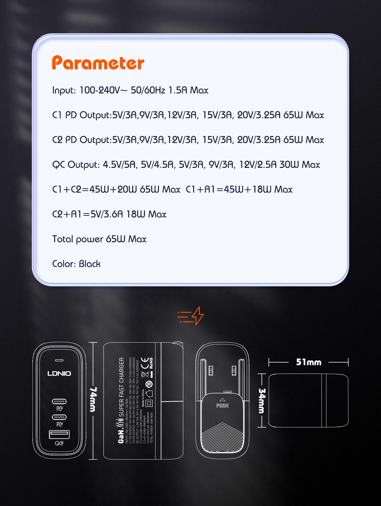 LDNIO GaN 65 W USB C Ladegerät Reiseladegerät PD QC Wandladegerät 3 Port Internationaler Steckeradapter EU UK US AU Reisesteckeradapter – Detail 17
