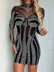 Crystal Diamonds Rhinestone Birthday Dresses Luxury Women Elegant Night Party Mesh Patchwork Sheer Long Sleeve Bodycon Dress