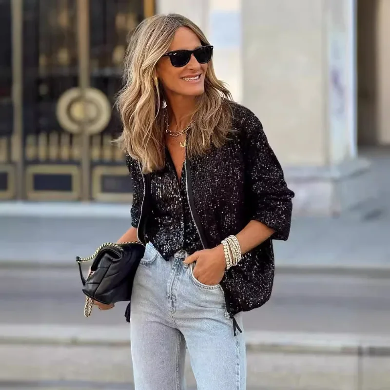

Fashion Sequins Cardigan Coat Women Casual Zipper Slim Long Sleeve Jacket Female 2025 Fall Winter Short Coats Streetwear Tops