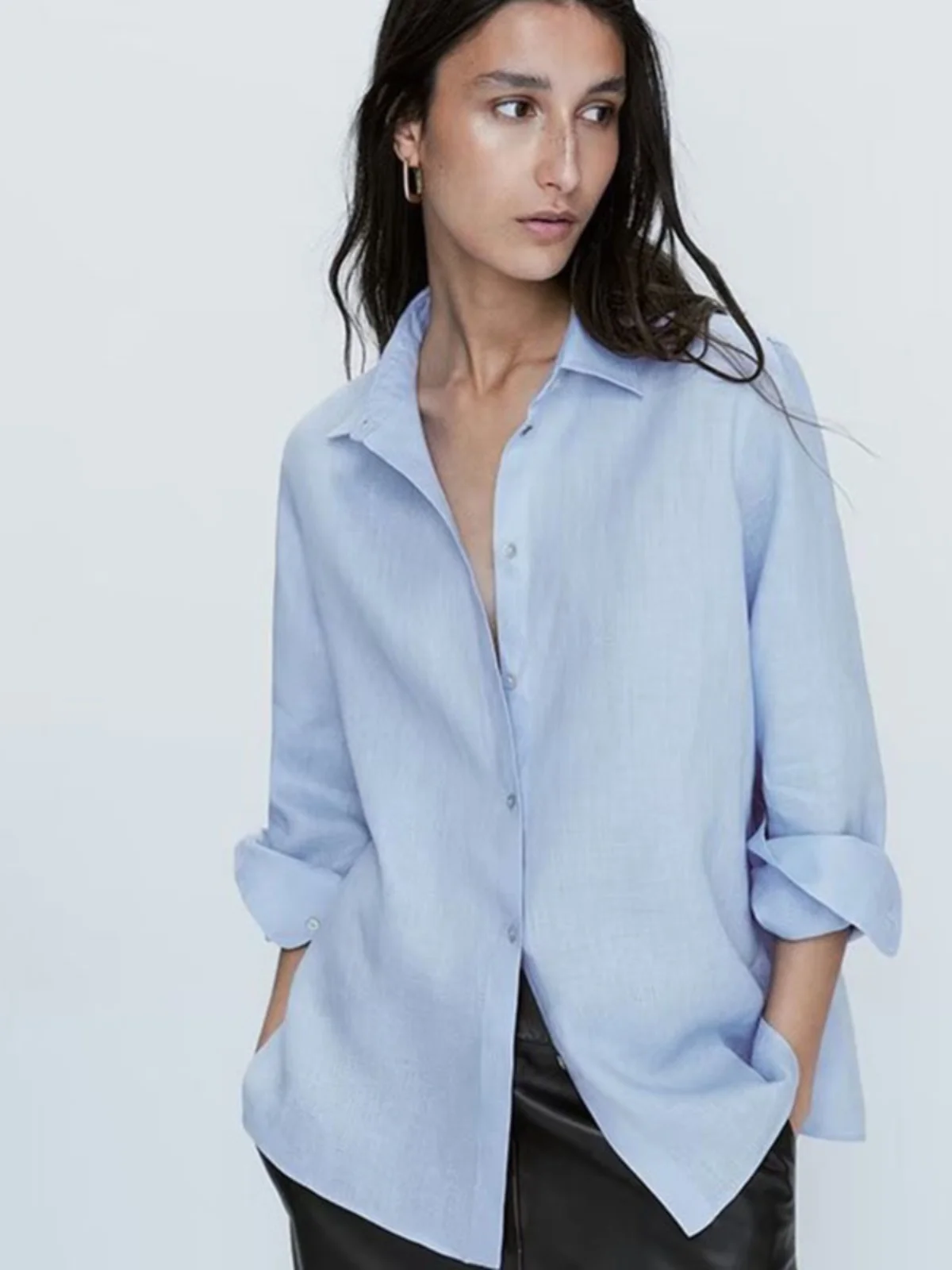 Loose Casual Pure Color Spring Summer New Arrival Women's irt MD Lazy Cotton Linen Long Sve  Collar Button Detail