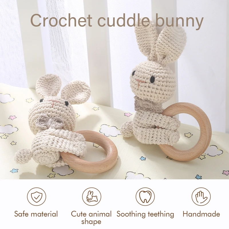 1PC Crochet Animal Rabbit Rattle Toy Soother Bracelet Wooden Teether Ring Baby Product Mobile Pram Crib Wooden Toys Newborn Gift