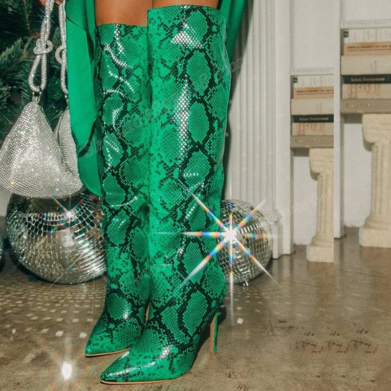 Green Python Pattern Knee High Boots Pointed Toe Stiletto High Heel Slip-on Women Shoes 2023 Fashion Sexy Zapatos Para Mujere