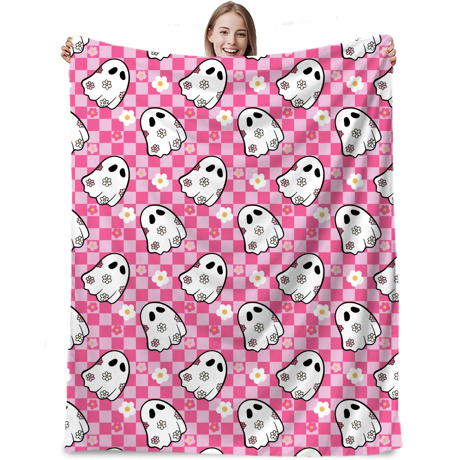 Ghost Scary Blanket Pink Flannel Blanket Horror Halloween Valentine's Day Gifts for Bedroom Bed Living Blanket