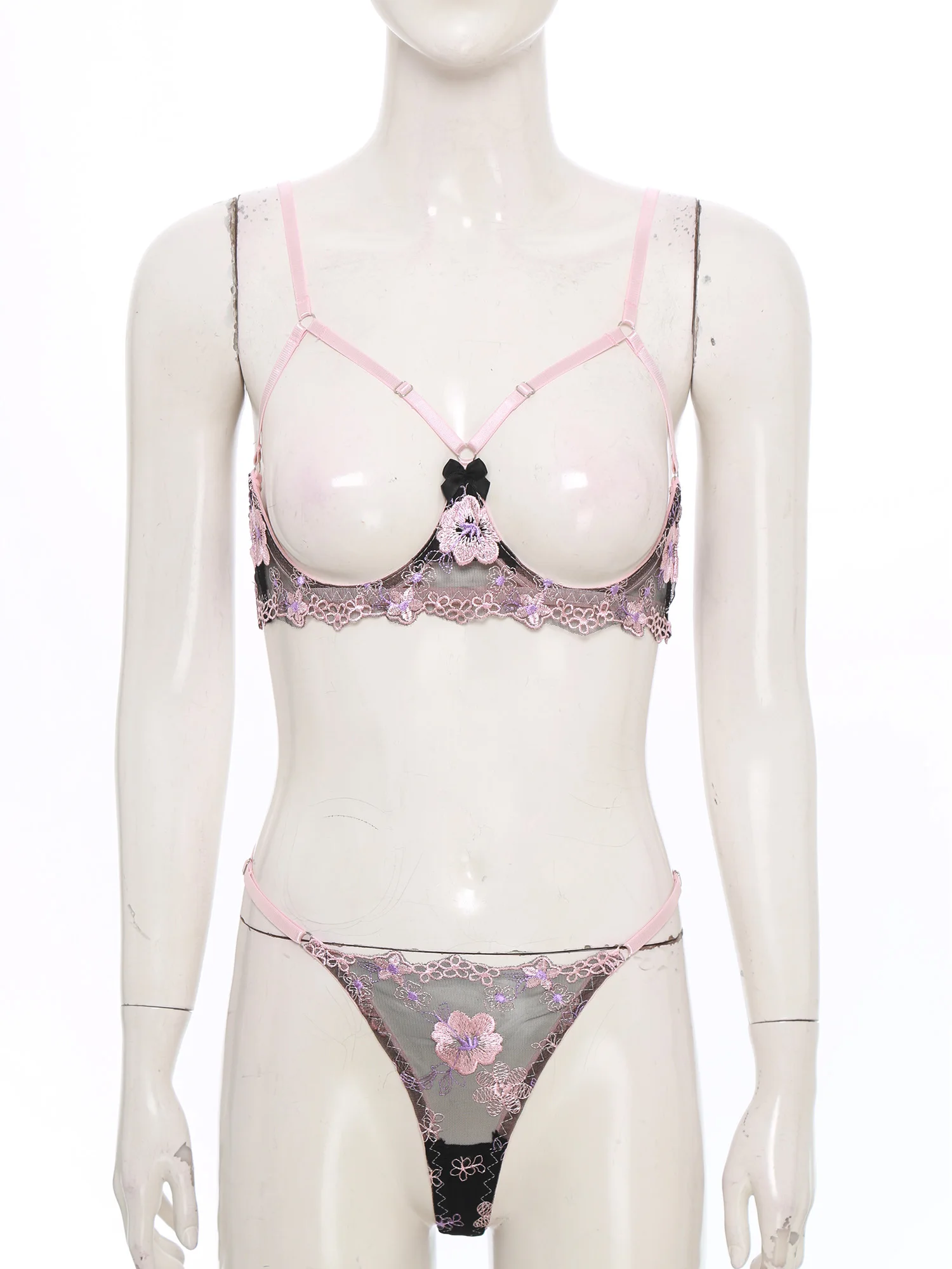 المرأة مثير انظر من خلال قطع مجموعة الملابس الداخلية زهرة الدانتيل كوب مفتوح Underwire دفع ما يصل الصدرية مع T-الظهر سيور الملابس الداخلية ملابس نوم