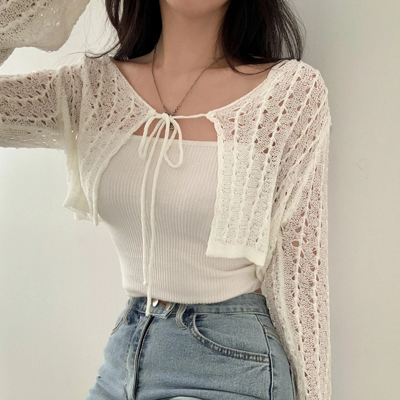 Korean Sle Chic Summer Loose Long Sve round Ne Knitted Sun Protection Top Women's Faion  Knot Hollow out