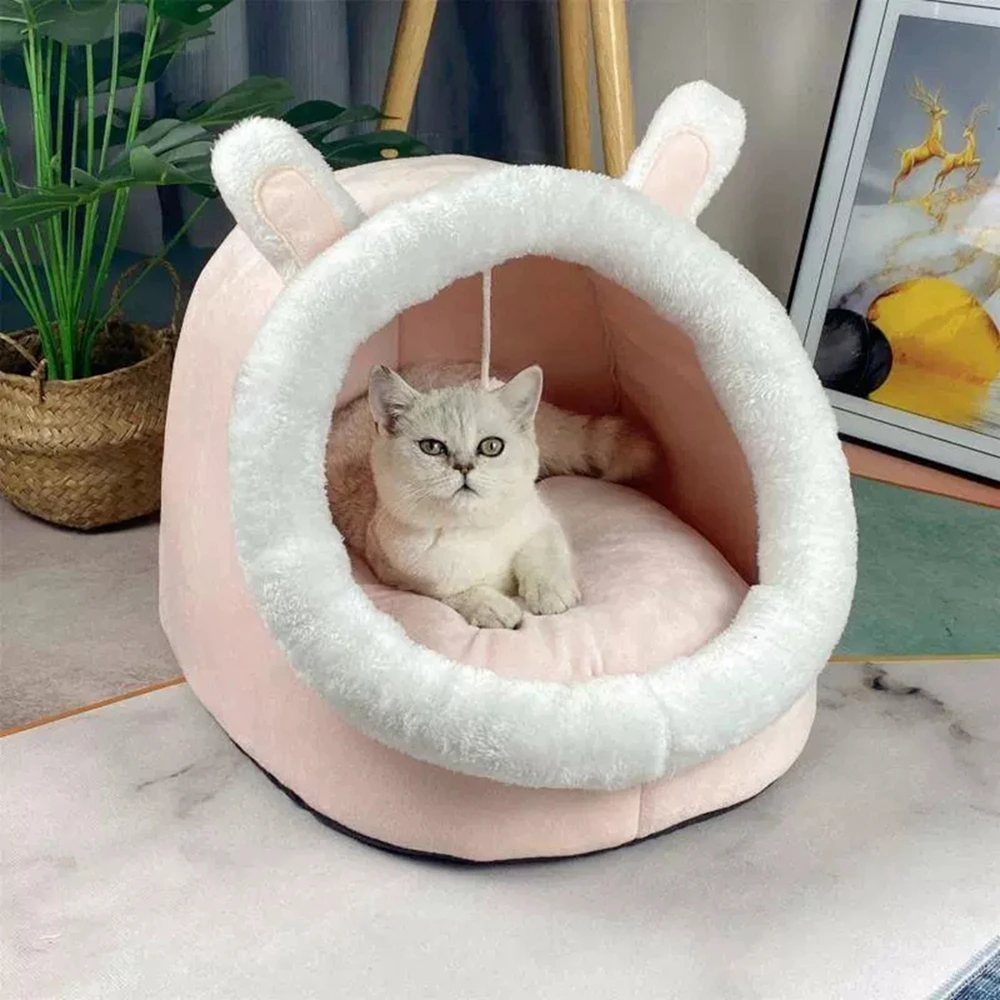 Cat Bed Cave with Removable Washable Cushioned Pillow Mat ang Hanging Ball Toy Soft Plush Cotton Pet Bed Non-Slip Cat House Tent