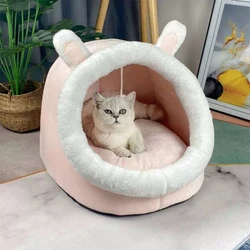 Cat Bed Cave with Removable Washable Cushioned Pillow Mat ang Hanging Ball Toy Soft Plush Cotton Pet Bed Non-Slip Cat House Tent