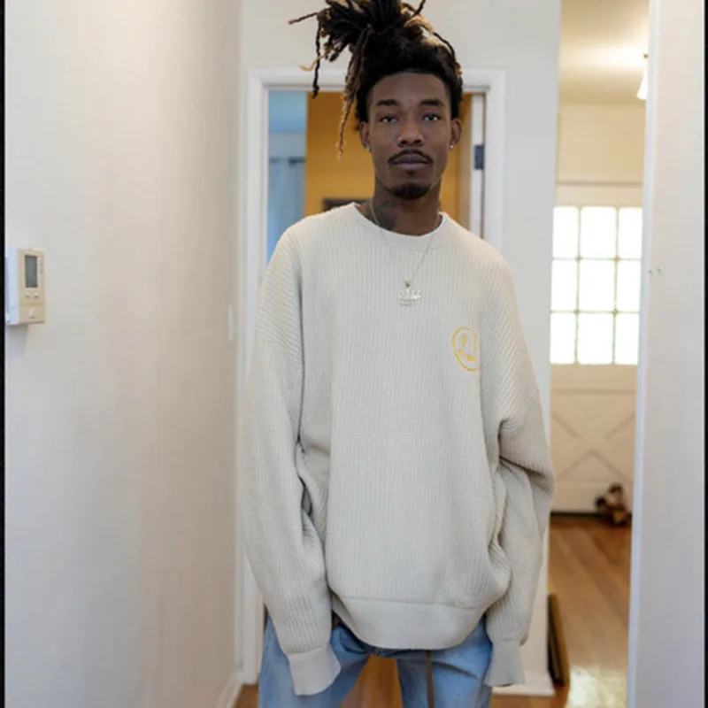 드류 하우스 프리미엄 스마일리 자수 스트리트웨어 유니섹스 커플 오버사이즈 크루넥 니트 스웨터