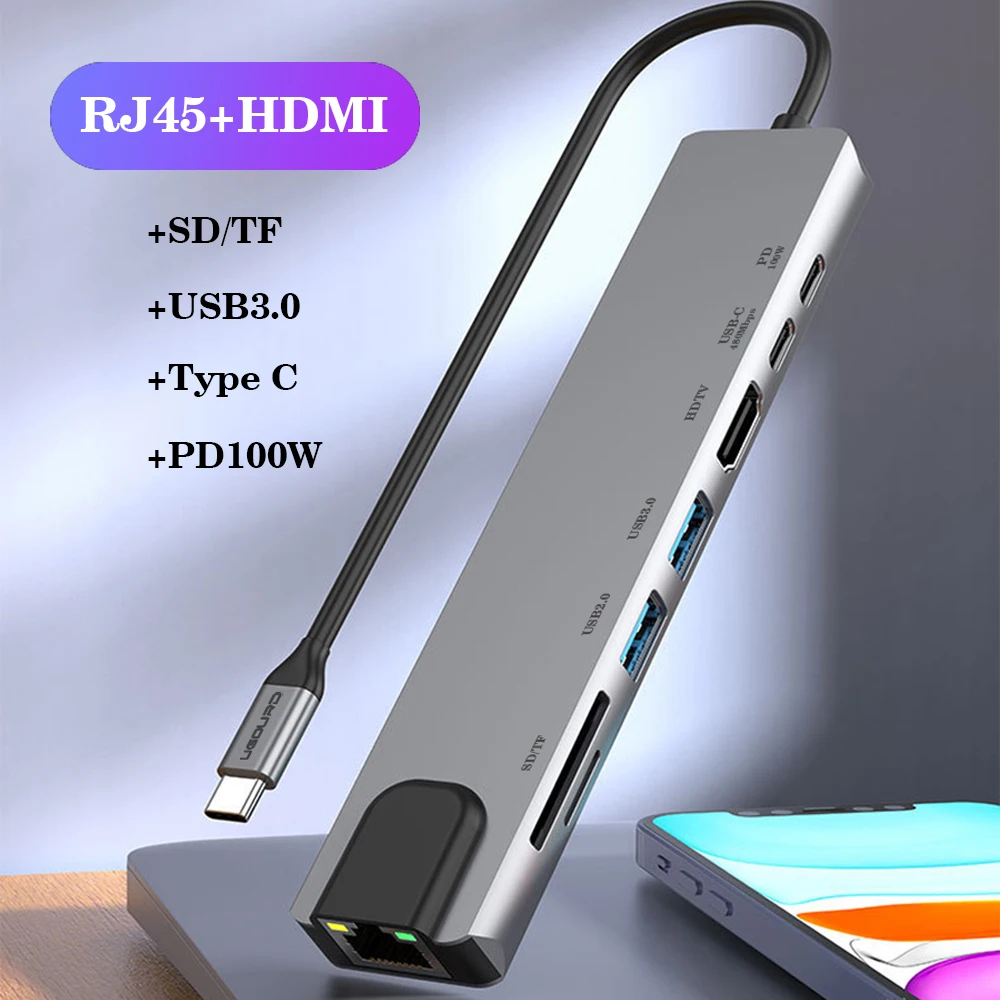 RJ45 100M/1000Mbps Ethernet to USB C Adapter Docking Station USB Type C to HDMI HUB 4K 30HZ VGA Headphone PD 100W USB3 Extencion