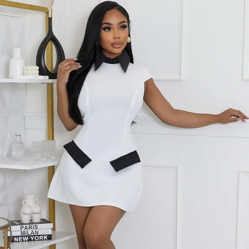 Elegant Fashion A-line Mini Dress Women Peter Pan Collar Cap Sleeve Pockets  Patchwork Sheath Slim High Waist Party Short Dresses - AliExpress 200000345
