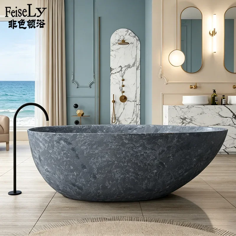 Dark blue gray marble pattern independent bathtub artificial stone art hotel home couple double goose egg bathtub