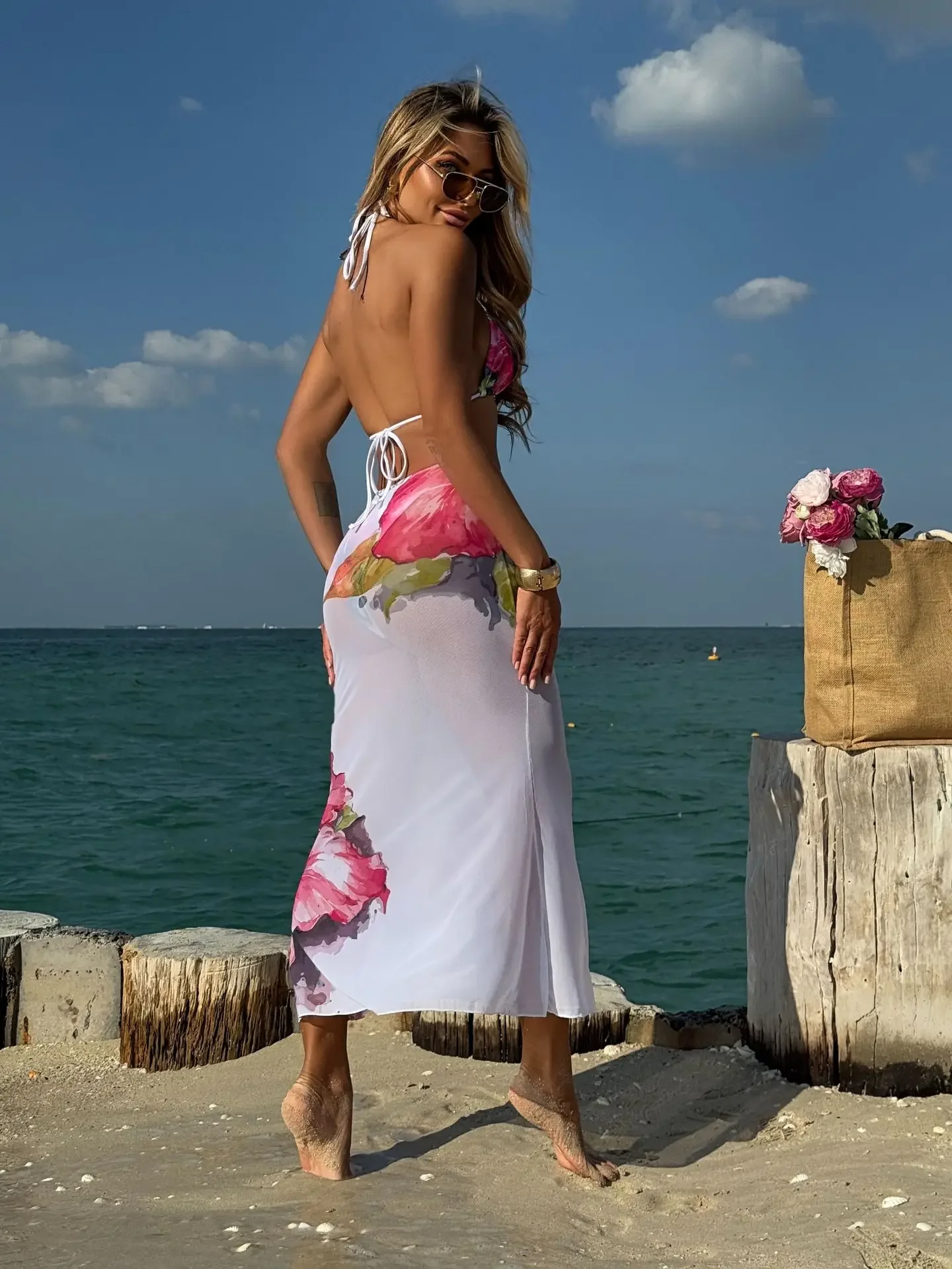 Sexy White Floral Print Bikinis Sets Women Mesh Long Skirt 3 Piece Swimsuit Summer Push Up Beach Bathing Suit Holiday Swimwear