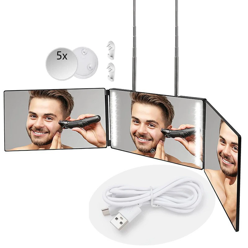 Makeup Mirror Trifold 360 Degree Hanging Mirror Full View Height Extend Bathroom Tri-fold Mirror Man Hairstyle Self Cut Shaving