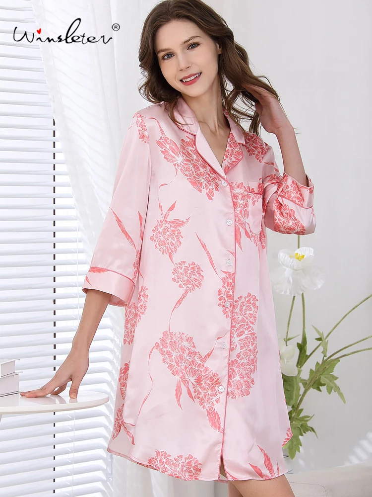 Winsleter, 19MM 100%Real Silk Elegant Nightgown, Women 3/4 Sleeve Print, Sexy Casual Pajamas Dress, 2024 Autumn Winter P49748CC