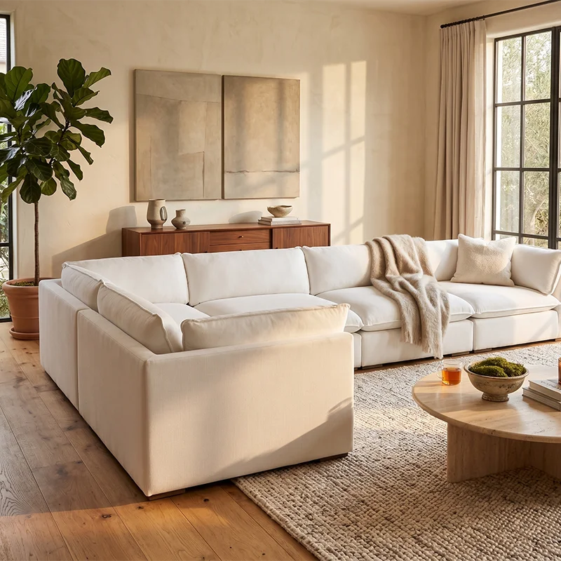 xx-RH Cloud Modular Slope Arm Sofa Set, Modern White Fabric L-Shaped Sectional with Slanted Arms, Luxury Living Room Furniture