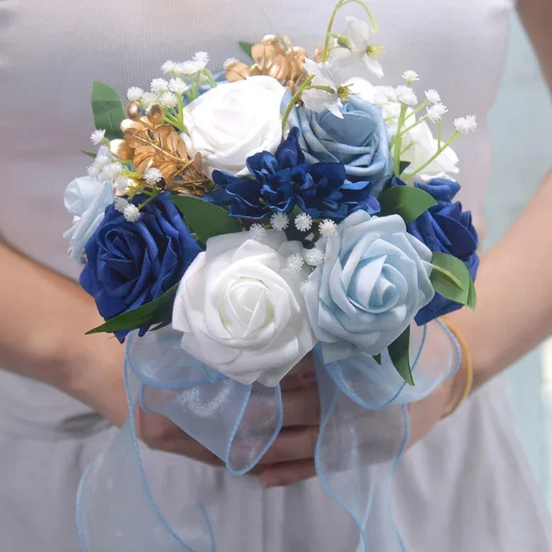 Ramos de novia azules para dama de honor, decoración de boda, rosa, decoración para fiesta de boda, despedida de soltera, ramo de lanzamiento de boda, 1 ud.