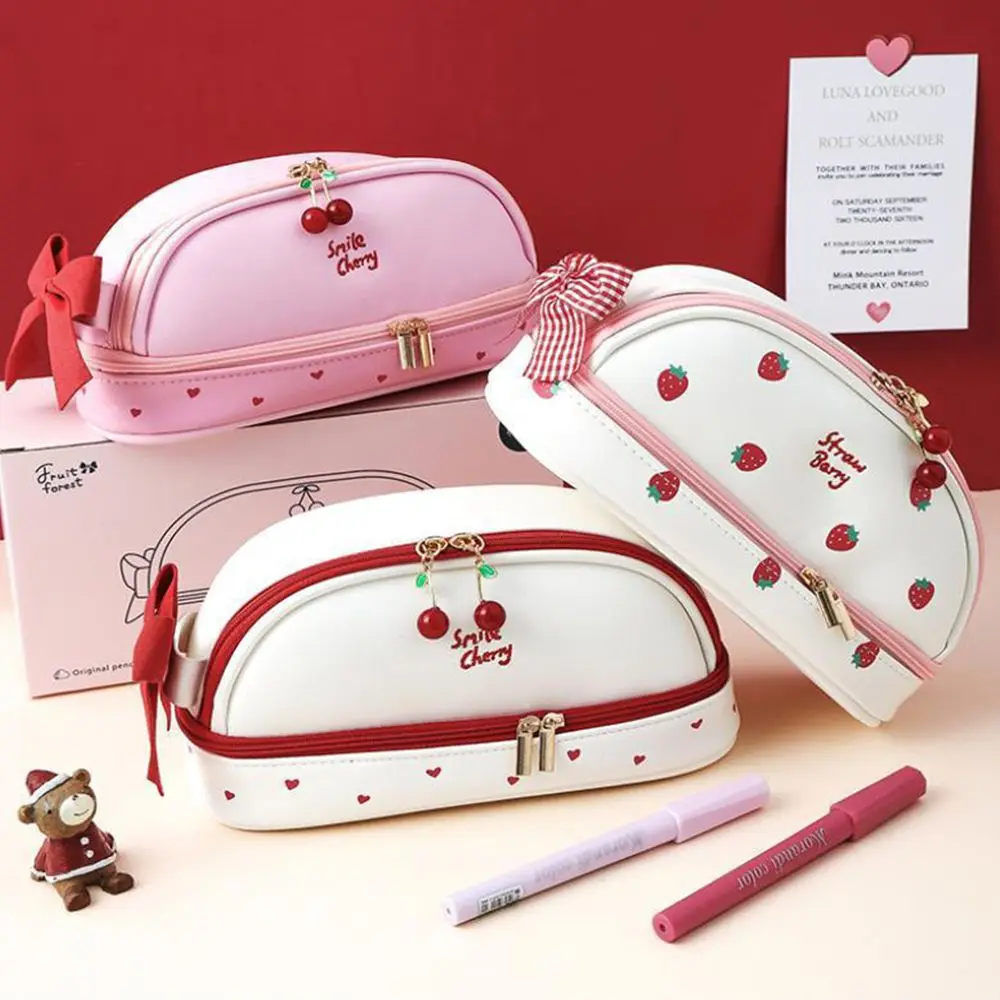 Kawaii Love School Supplies Double-Layer Strawberry Cherry Pencil Cases Pencil Bag Student Stationery Pencil Pouch