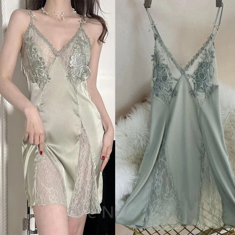 Sexy Hollow Out Lace Strap Nightgown Women Sleepwear Embroidery Flower Robe Silky Satin Nightdress Home Wear Intimate Lingerie