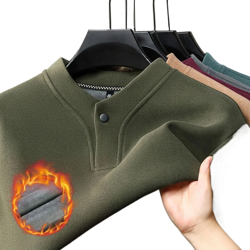 

Plus Fleece Thicken Men Autumn Winter Polo Shirts Solid Color Half High Collar Thermal Bottoming Korean Casual Button Daily Tops