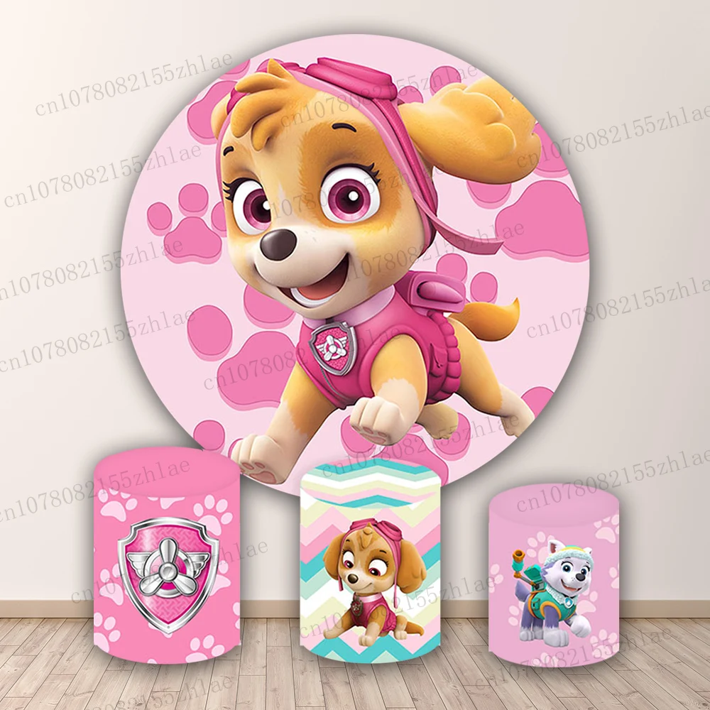 

Paw Patrol Birthday Party Photo Backdrop Baby Shower Photography Backdrop Round&Cylinders Plinth Covers Pink Photo Background