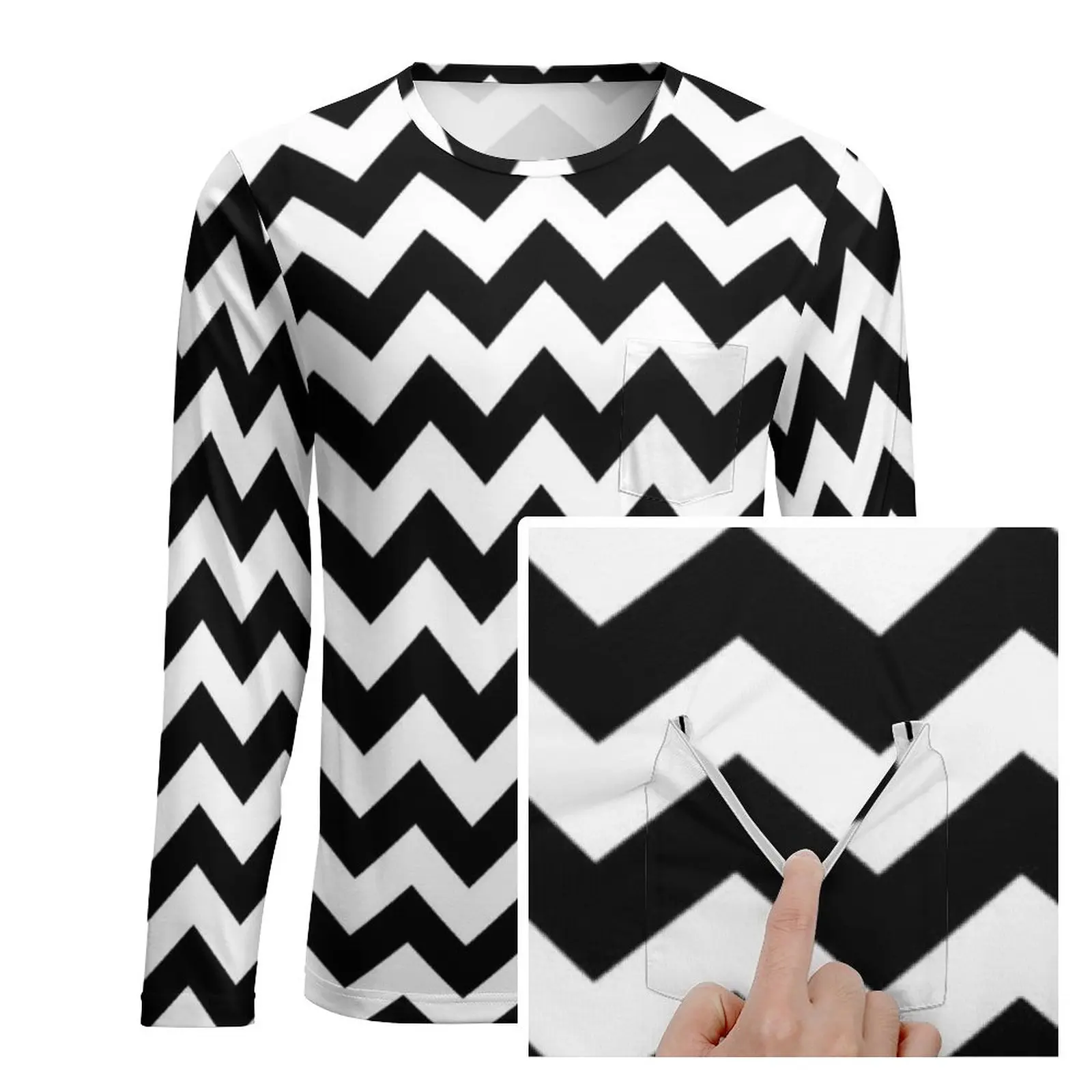 Classic Black White Striped T-Shirt With Pocket Chevron Zigzag Vintage T-Shirts Men Fun Tee Shirt Long Sleeve Design Clothes