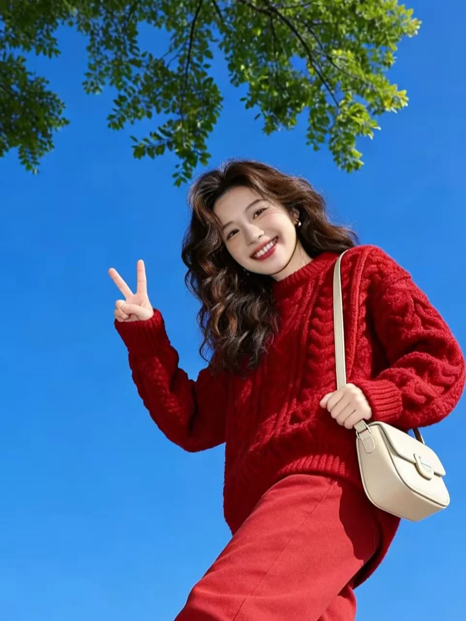 

Women's Thickened Knitted Sweater Twisted Design Christmas Red Color Lazy Style Autumn Winter Fashion Casual Loose Fit Top