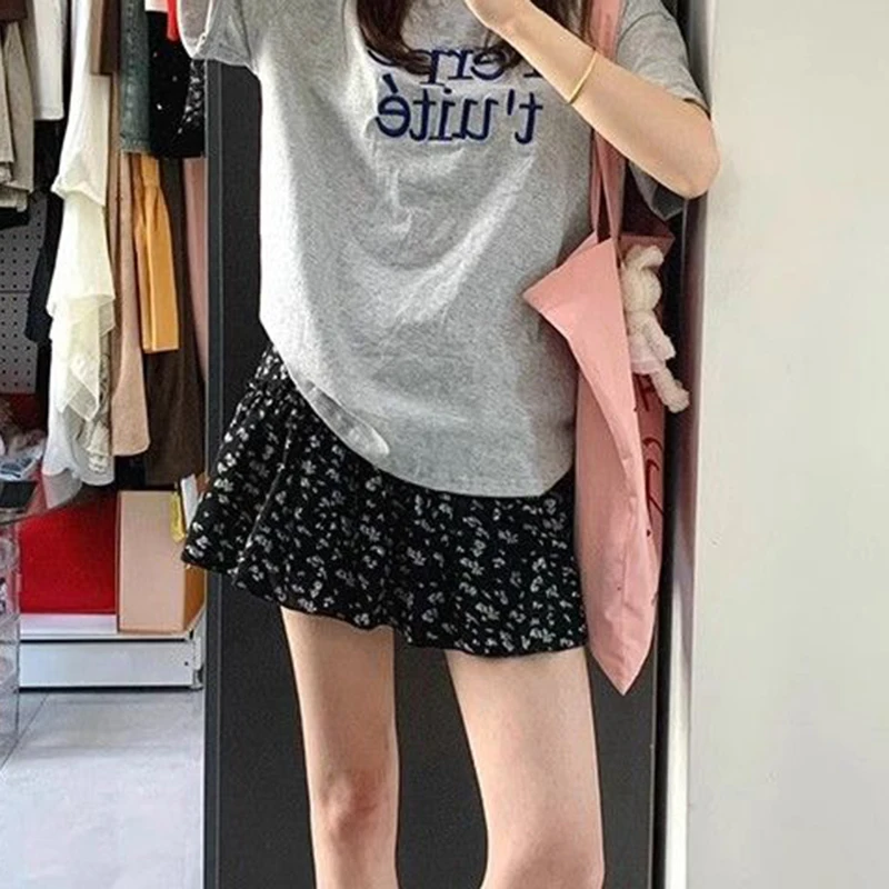 Summer Floral Black Loose Women Mini Skirt High Waist Sweet Kawaii Commuting Simple Female Cake Skirt Fresh Cate Ladies Skirt