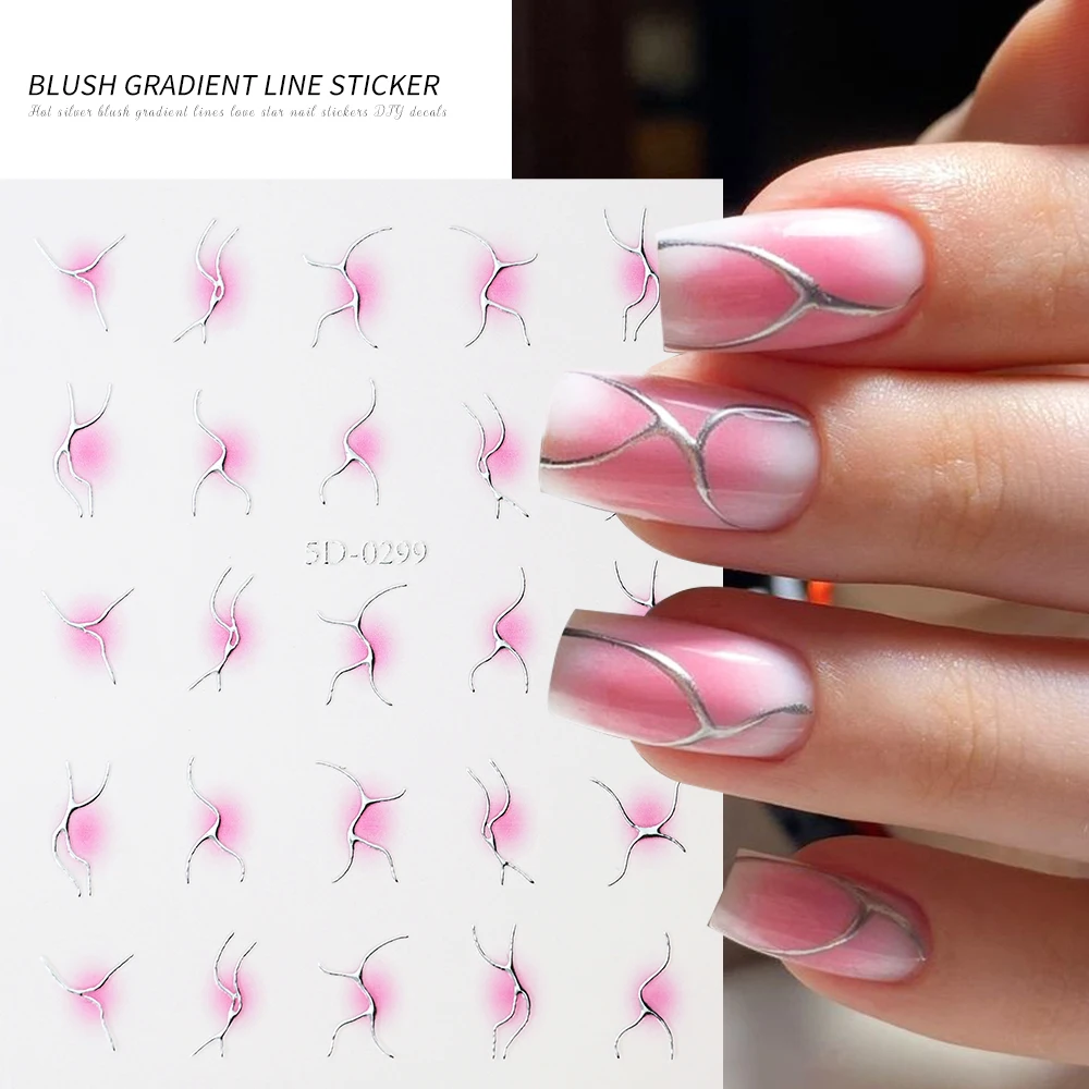 1pc 3D Metallic Gradient French Nail Stickers Geometric Oval Rainbow Blush Nail Art Decals Pre-Stick Irregular Line Manicure DIY