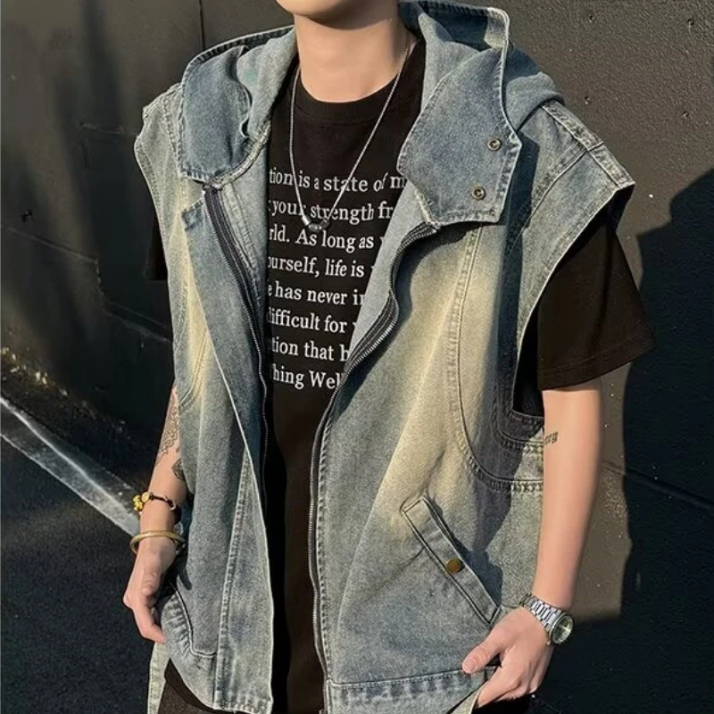 

Sleeveless Hooded Denim Jackets Men's Tops Retro Denim Vest Men's Clothing Spring/Summer/Autumn Trendy Cool Stylish Loose Casual