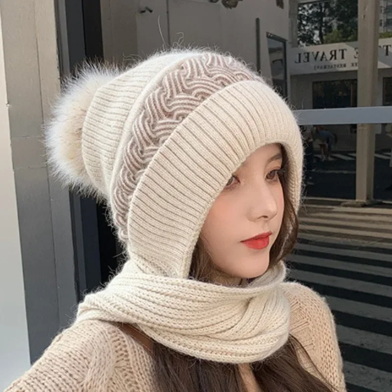 New Super Cute Warm Winter Scarf Hat Gloves with Fleece Thickened Ear Protection One-piece Knit Hat Are Windproof and Cold