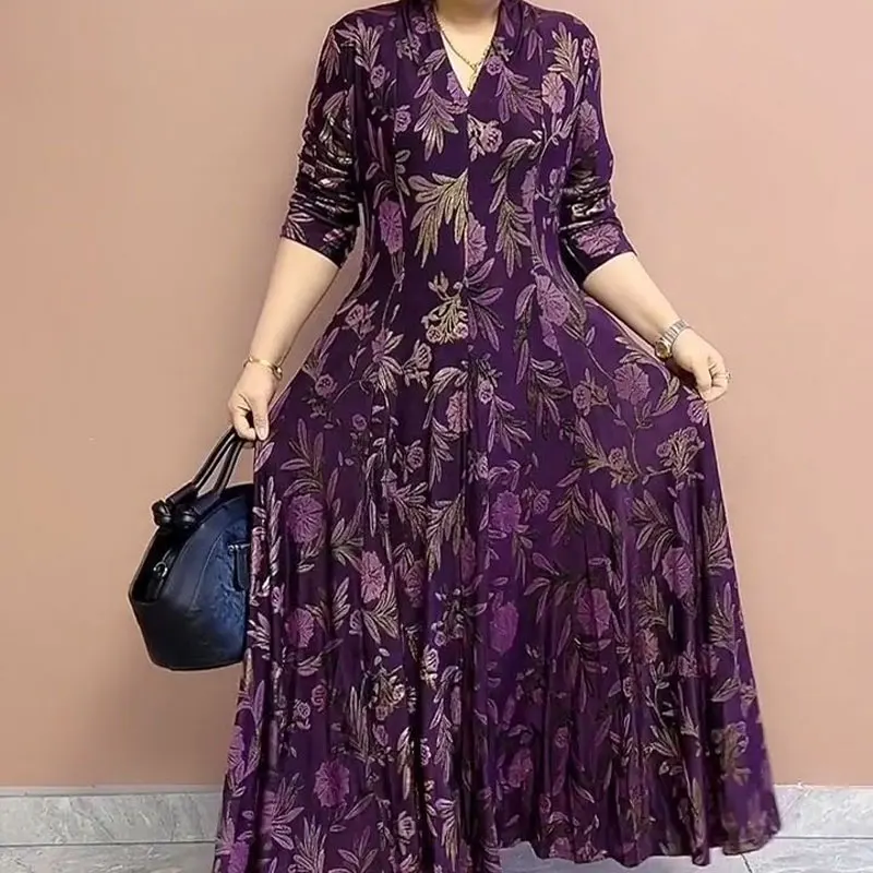 Elegant V-Neck A-Line Waist Long Dress Women\'s Clothing Commute Long Sleeve Spring Autumn Vintage Stylish Floral Printed Dresses