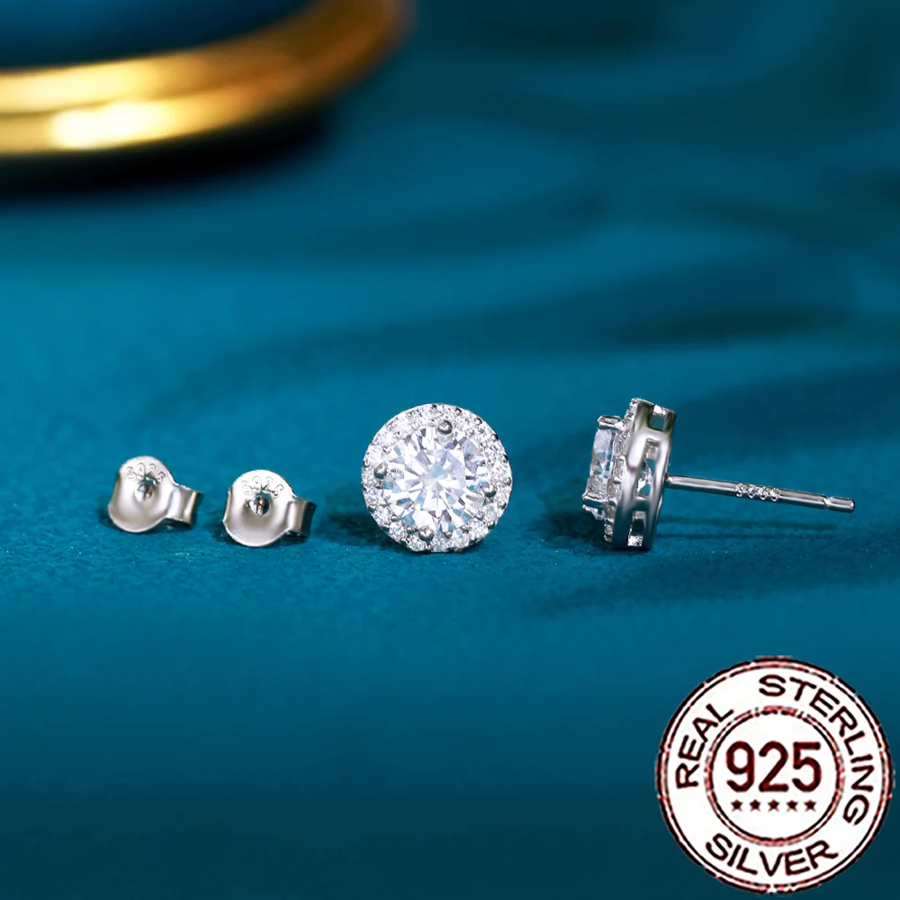 

QooLady 925 Sterling Silver Classic Shiny Cubic Zircon Round Shape Stud Earrings for Women Wedding Statement Jewelry Gifts SE018
