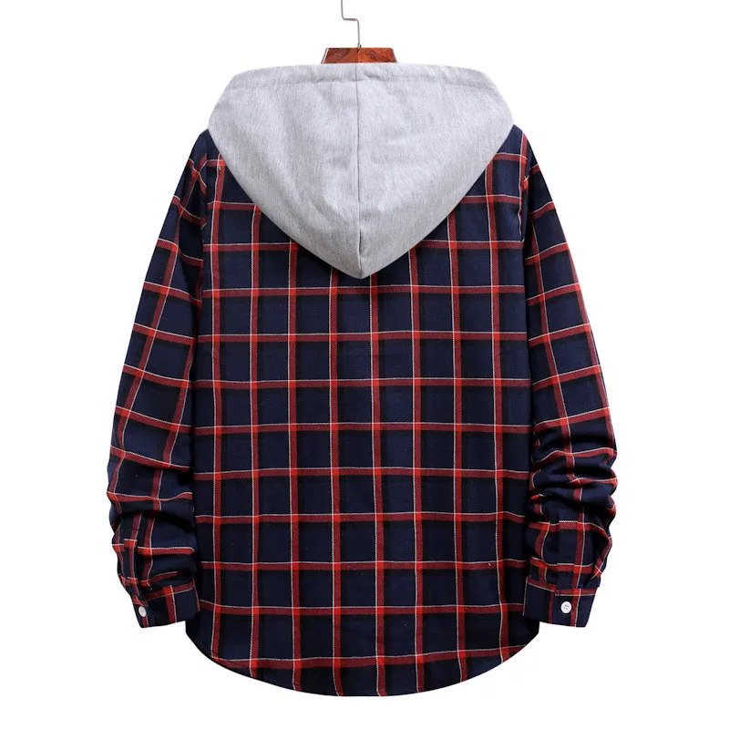 Casual Plaid Hooded Shirts Oversized Men\'S Clothes European American Style Handsome Holiday Checked Outwear Splicing Hoodie