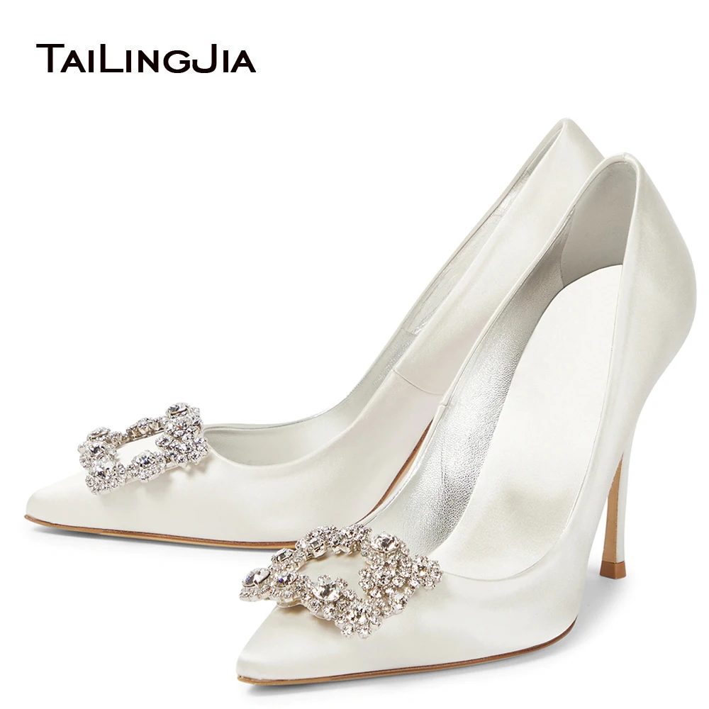 

Trendy Plus Size Bride White Satin Crystal Stiletto Heel Pointed Toe Pumps Wedding High Heels Party Evening Women Shoes