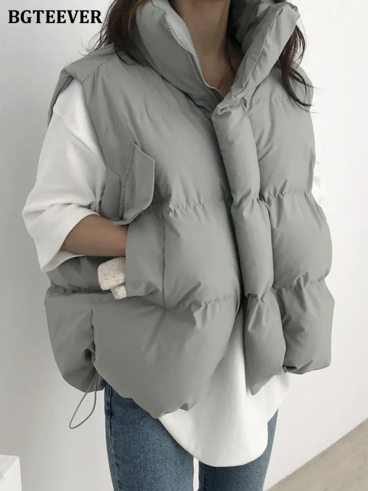 BGTEEVER Vintage Stand Collar Thicken Cotton Padded Women Coats Casual Loose Zippers Sleeveless Female Vest Parkas Winter