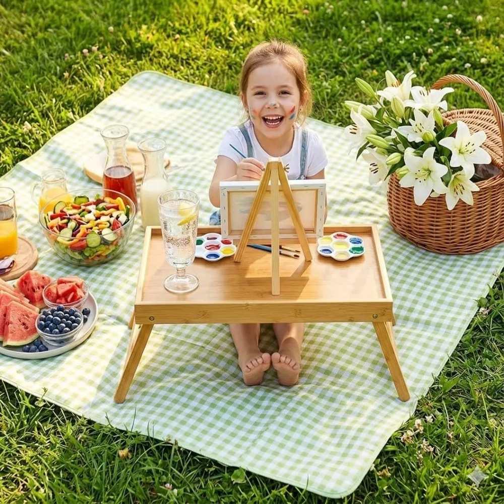 

Natural Bamboo Folding Leg Breakfast Trays Concealed Handle Rectangular Desk Snack Tray Large Capacity Bed Laptop Tray Bedroom