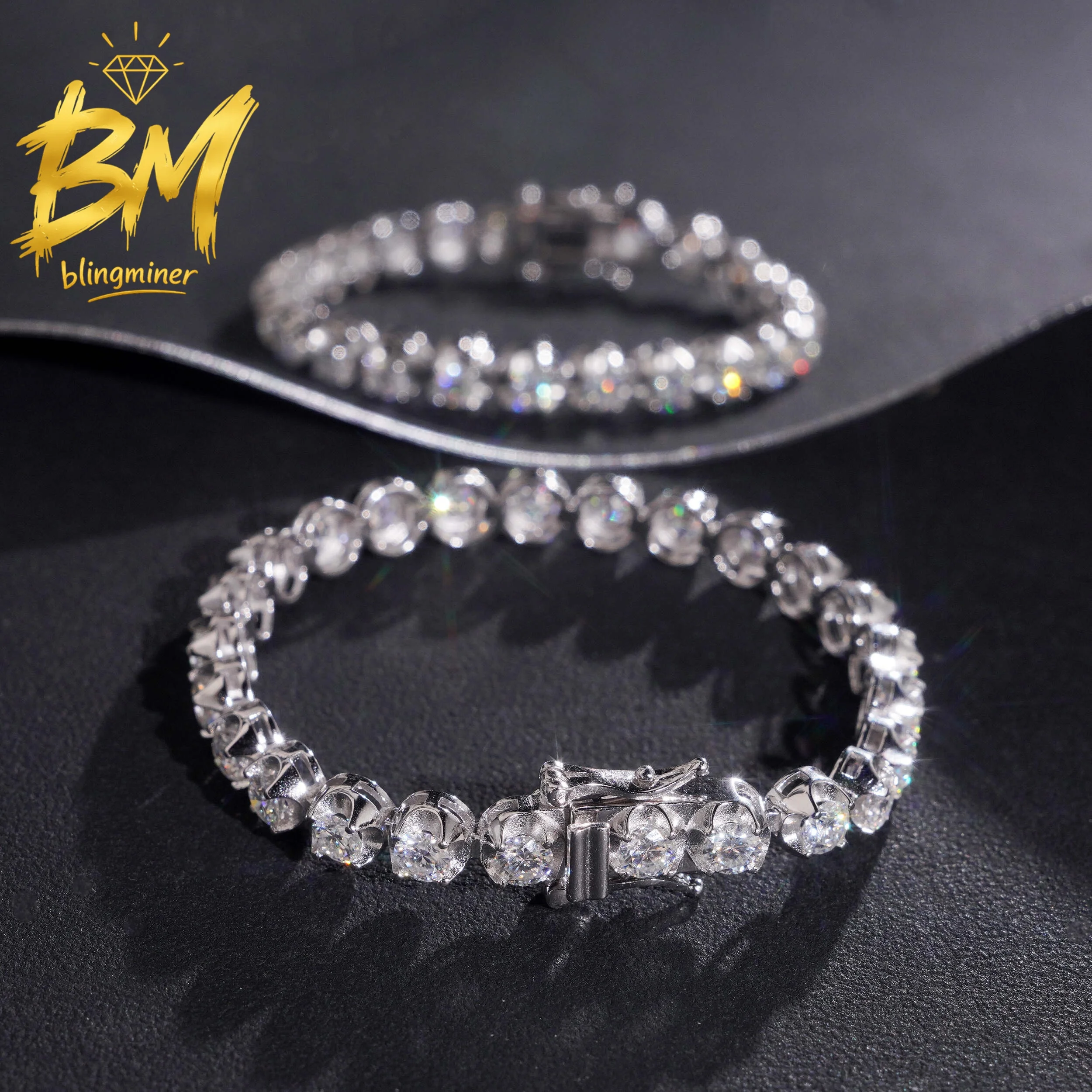 Blingminer 6mm Round VVS Moissanite Tennis Chain Bracelet For Men Women S925 Silver Jewelry Pass Diamonds Tester GRA Free Shippi