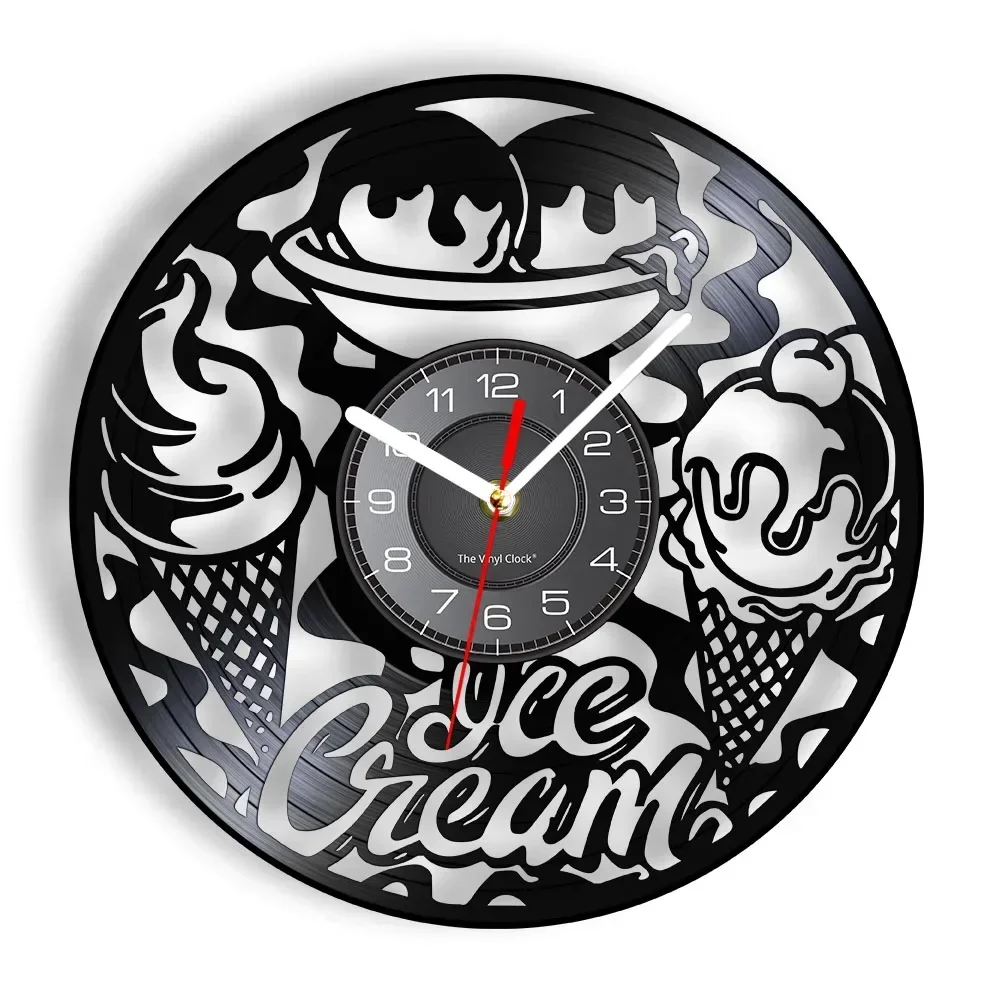 Ice Cream Shop Business Sign Wall Clock Kitchen Decoration Modern Design Ice Cream Cone Dessert Vintage Vinyl Record Wall Clock