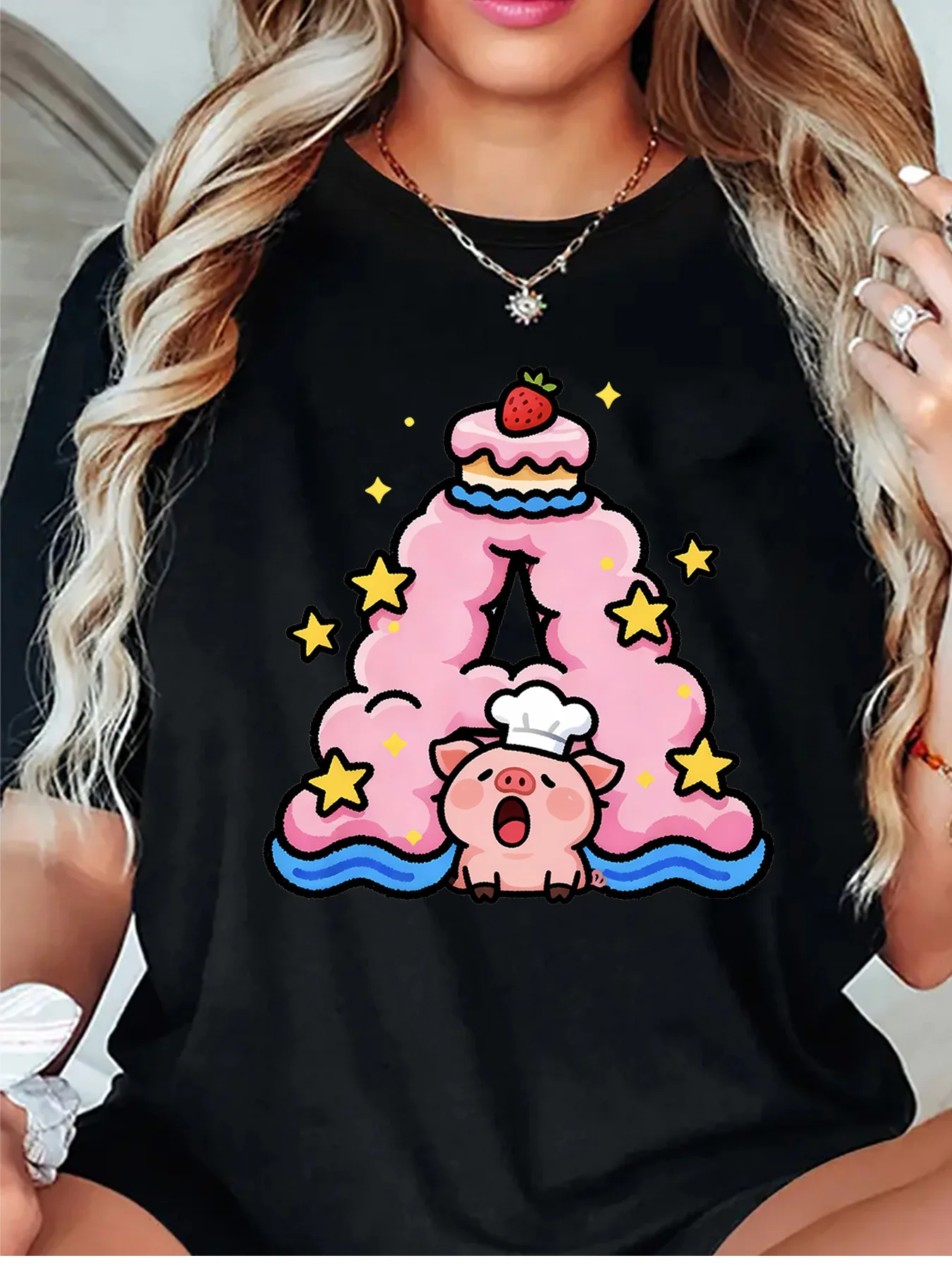 Women Crew Neck Tee Cute Chef Pig Cake Graphic Print Short Sleeve Loose Ladies Summer Soft Cotton Plus Size Casual Street Top