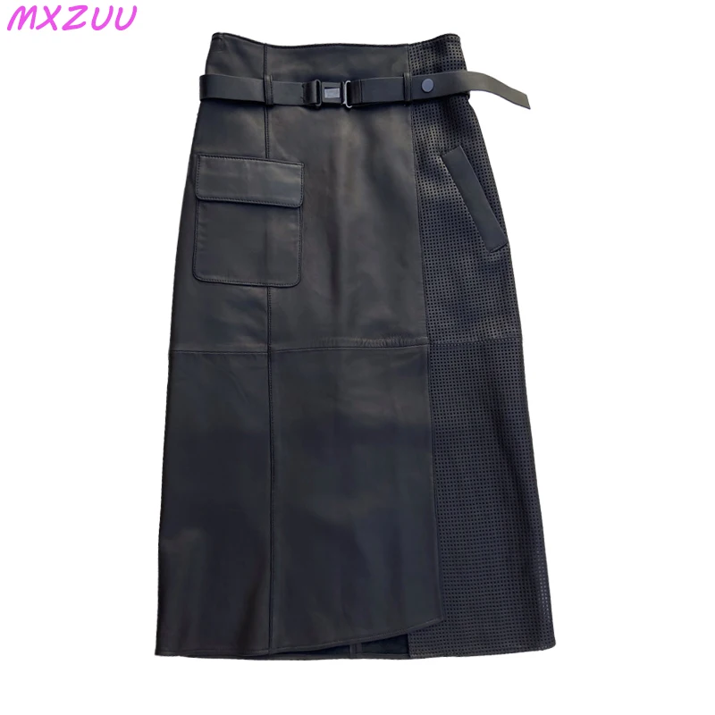 Women Clothes 2023 Spring Genuine Leather Falda Midi Mujer Sheepskin Beige High Waist A-line Maxi Skirt Front Slit Korean Style