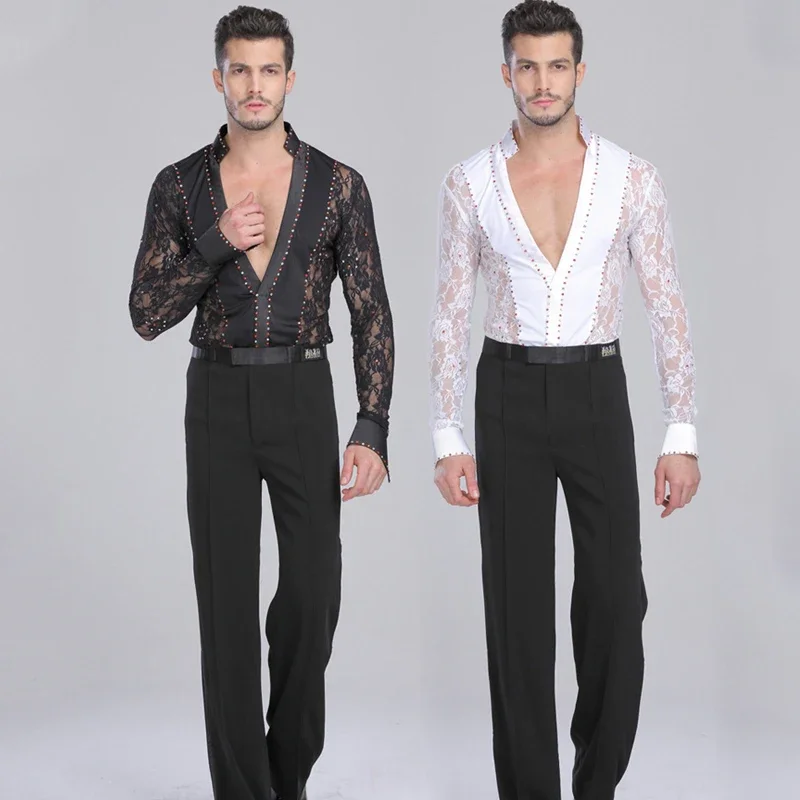 

Men Latin Dance Lace black and white Garment Dance Waltz Ballroom Dance Garment Performance latin man shirts Garment Top Pants