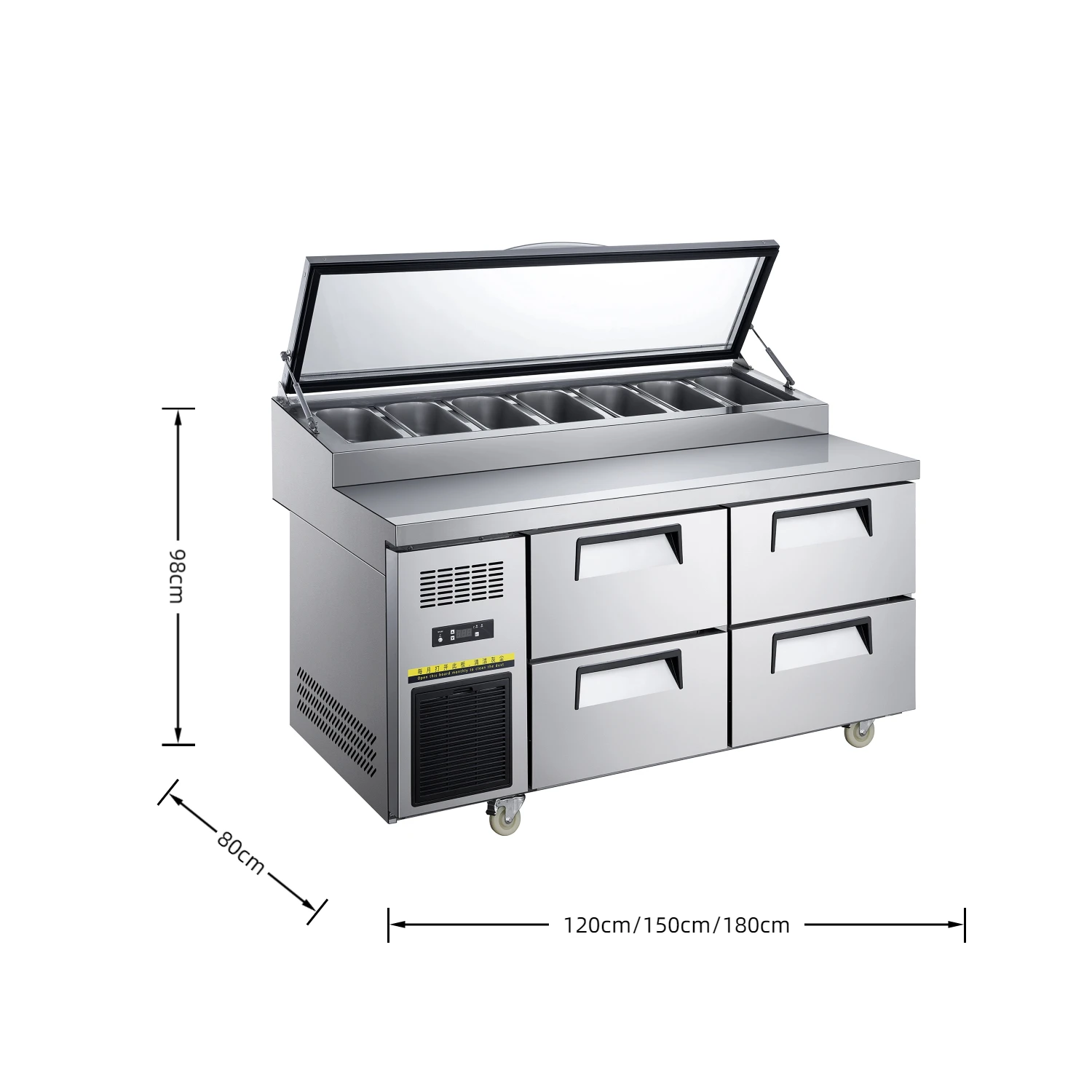 NUELEAD NE-1152 Four Drawers Commercial Air Cooled Equipment Stainless Partial Glass Pizza Food Prep Table