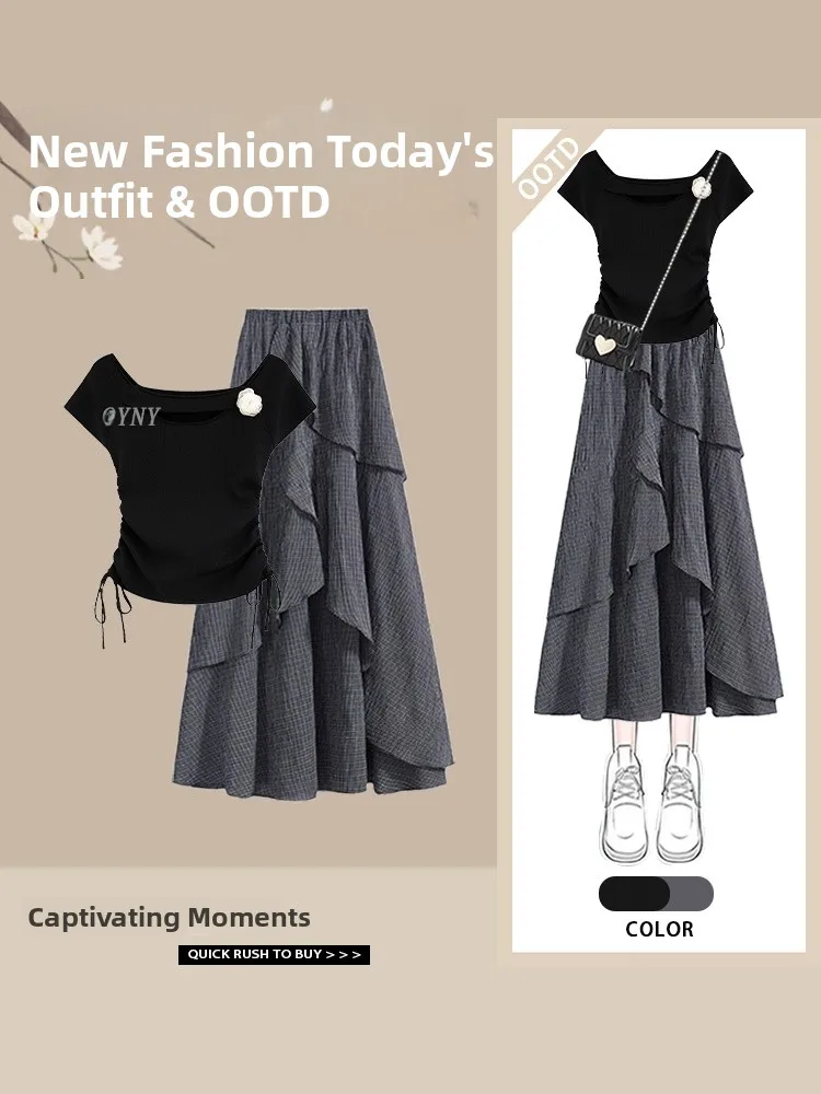 

Летний корейский комплект, женская футболка ort Sve и утягивающая юбка, комплект из двух предметов с кружевным подолом