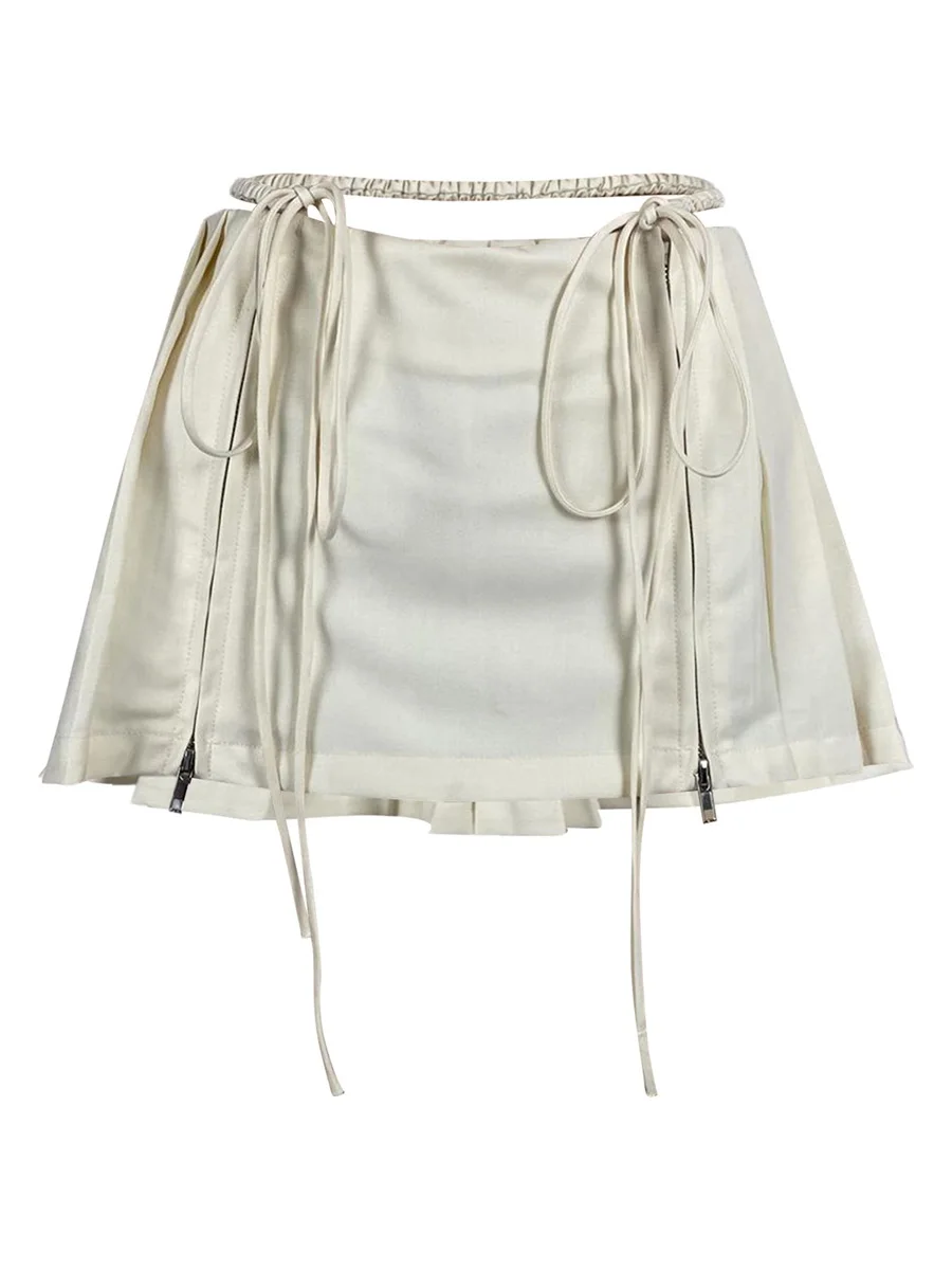 Women Y2k Fairy Cargo Pleated Mini Skirt Solid Low Waist Tie Up Zipper Short Skirt A Line Mini Skirt Club Streetwear