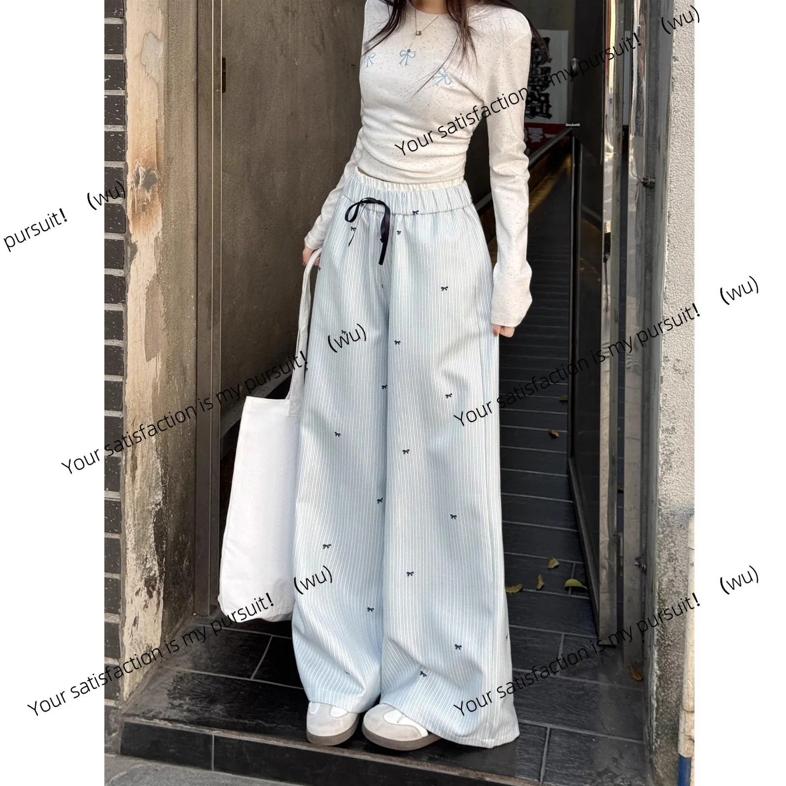 Pantalones de pierna ancha a rayas azules coreanos, pantalones casuales rectos de cintura alta de verano para mujer, pantalones de nicho con sentido de diseño