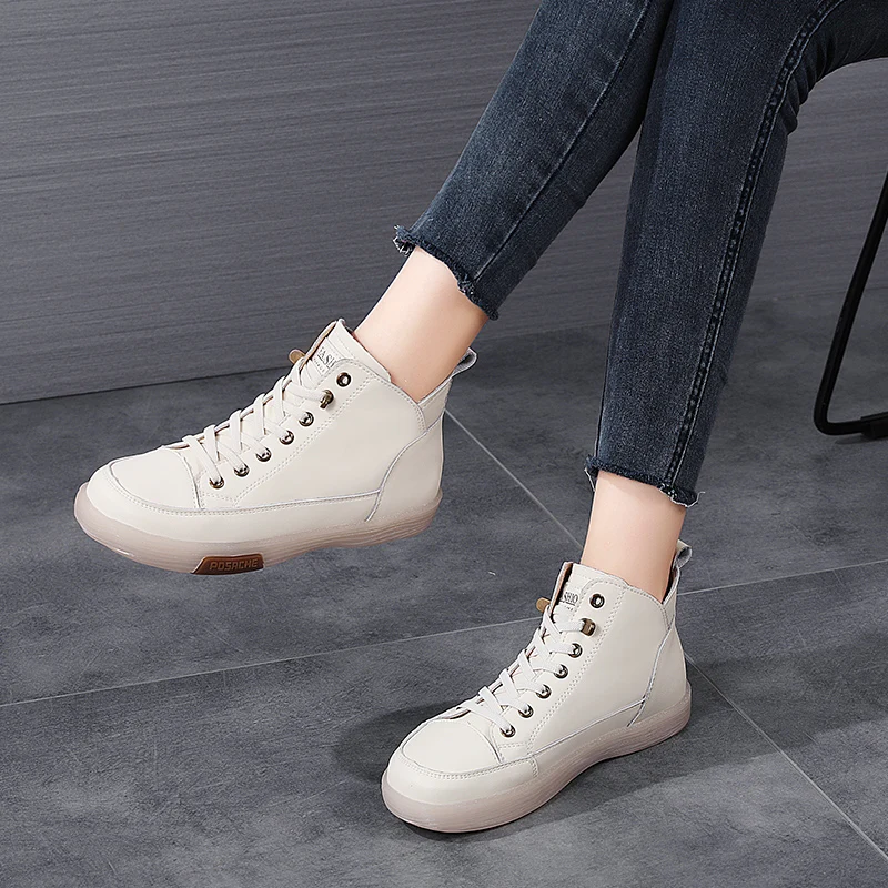 Women Genuine Leather Sneakers Spring High-top Casual Shoes Autumn First Layer Cowhide Ladies High Top Vulcanized Shoes Trainers