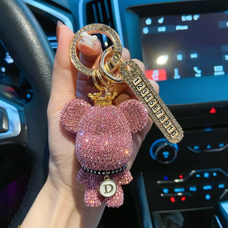 Luxury Aesthetic Keychain Cartoon Anti-lost Number Plate Rhinestones Crown Key Chain Lady Charm Bag Car Key Chains for Women