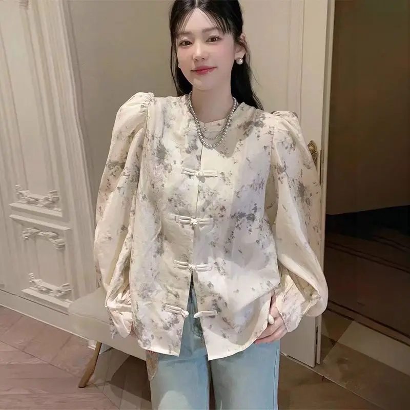 

New Chinese Style Button-up Shirt for Women 2025 Spring New Retro Printed Top Cardigan
