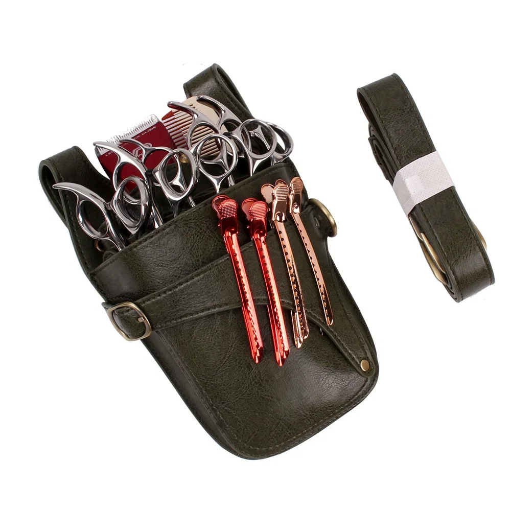 Genuine Leather Hair Scissor Bag Clips Bag Hairdressing Barber Scissor Holster Pouch Holder Case with Waist Shoulder Belt